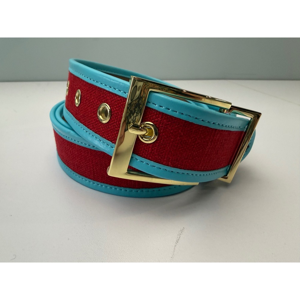 Talbots Belt Women 1X‎ Red Linen Turquoise Blue Gold Buckle Americana Preppy